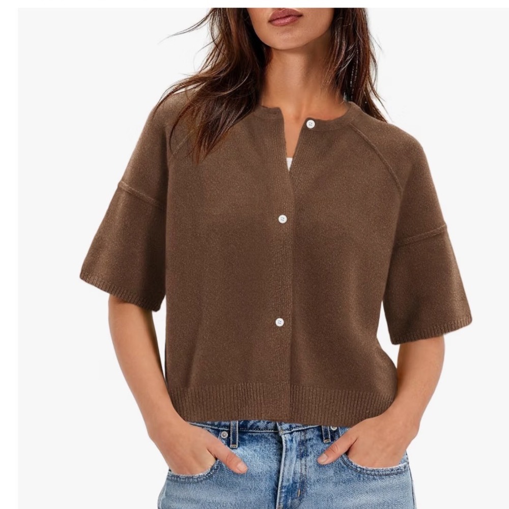 Nirovien Women's Coffee Brown Cropped Cardigan Sweater – Short Sleeve Small NWT